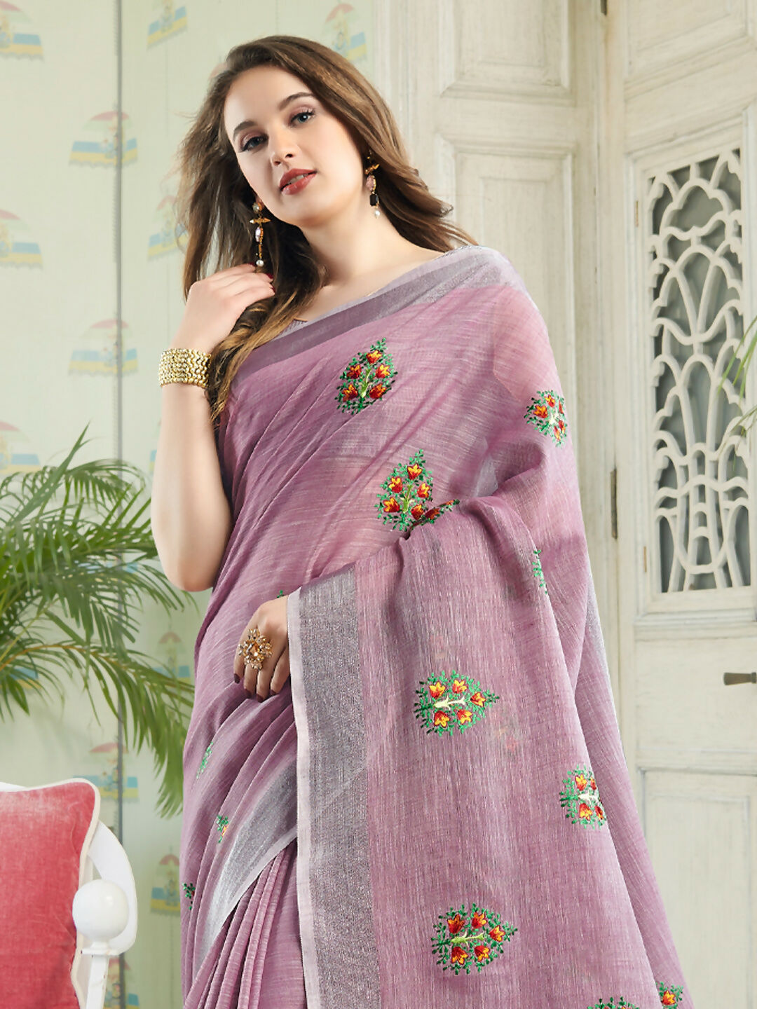 Shree Shyam Fashion Linen Light Purple Saree - Distacart