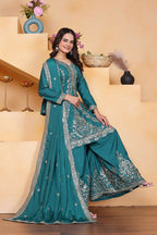 Teeya Creation Teal Color Natural Crepe Silk Wedding Wear Trending Palazzo Set - Distacart