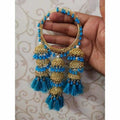 Blue Color Threads And Pearls With Hanging Jhumkas Bangles