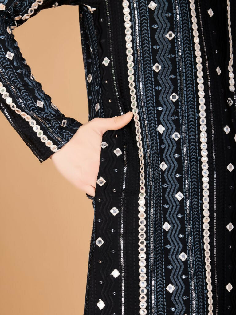 Vastranavya Black Exclusive Festival Wear Pure Viscose Rayon Sequence & Foil Mirror Heavy Embroidered Work Kurta