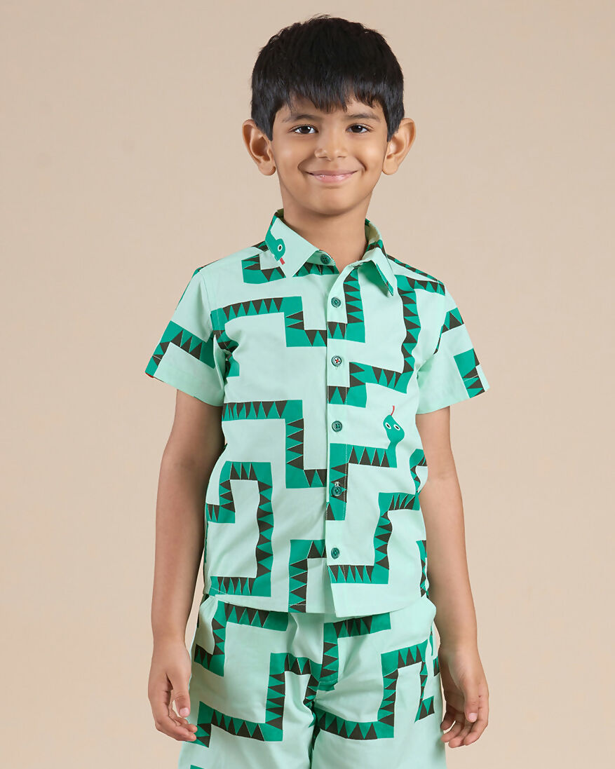 Snakes and Ladders Boys Green Table Print Shirt from Siblings Collection
