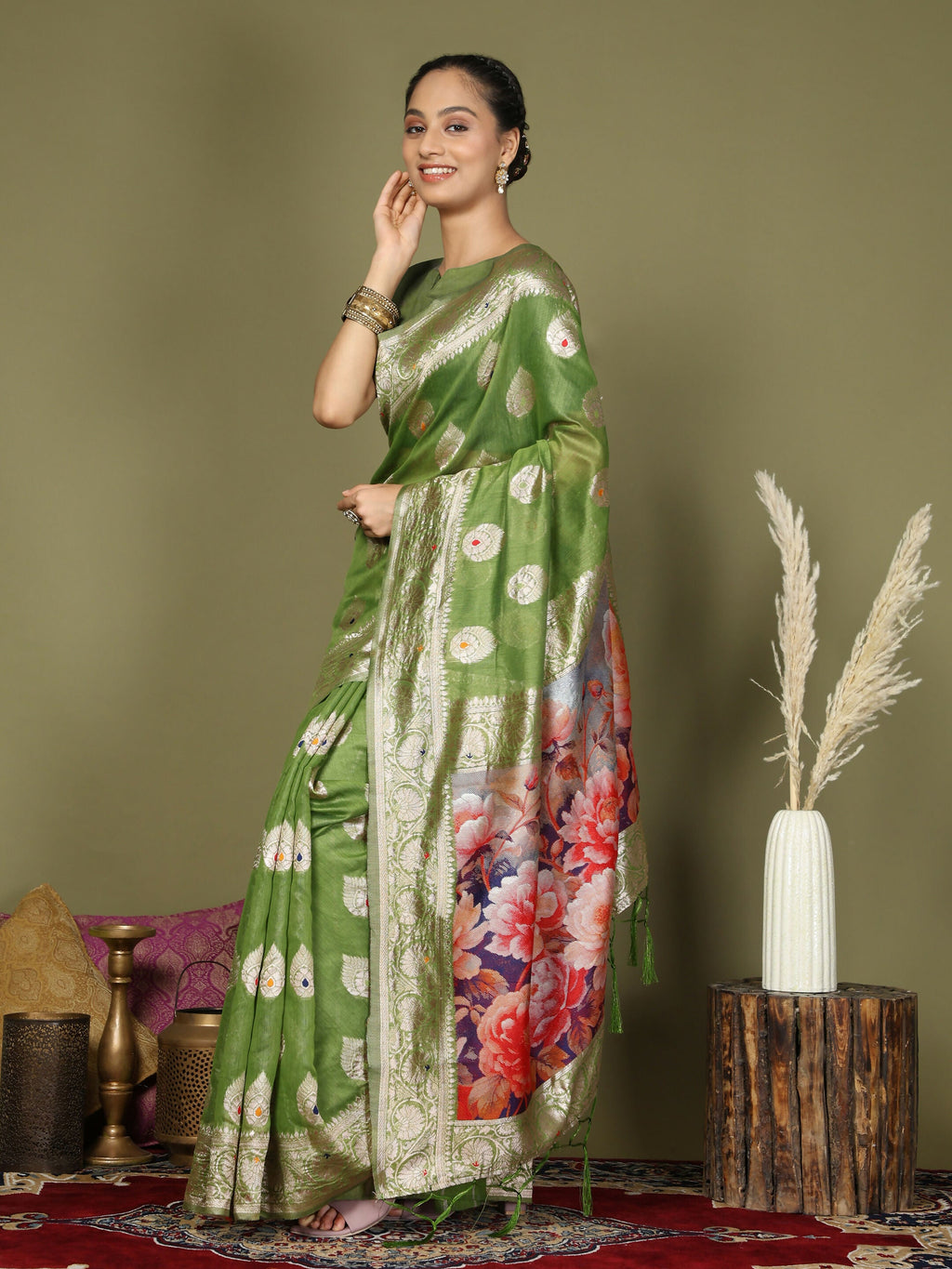 Shree Shyam Fashion Linen Cotton Green Saree - Distacart
