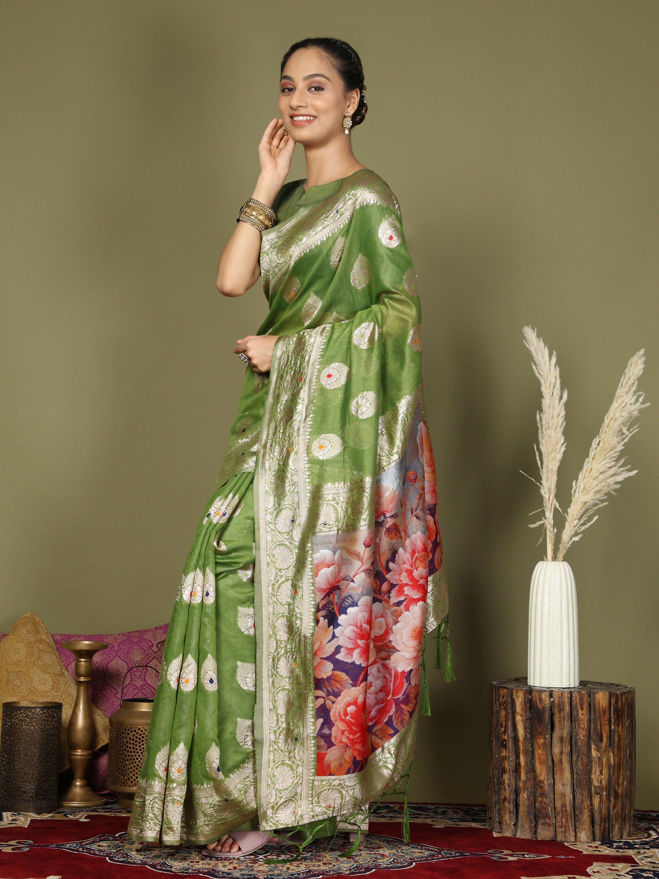 Shree Shyam Fashion Linen Cotton Green Saree - Distacart