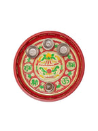 Tied Ribbons Red Printed Pooja Thali With Attached Incense Diya Tilak Holder