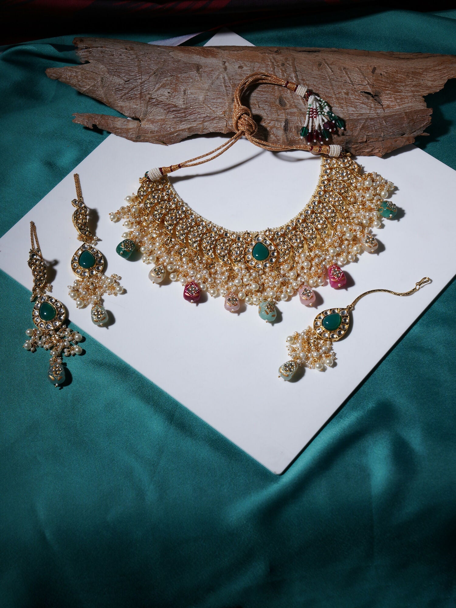 Kundan Choker with Matching Earrings & Maang Tikka Jewellery Set (Gold) - Ruby Raang