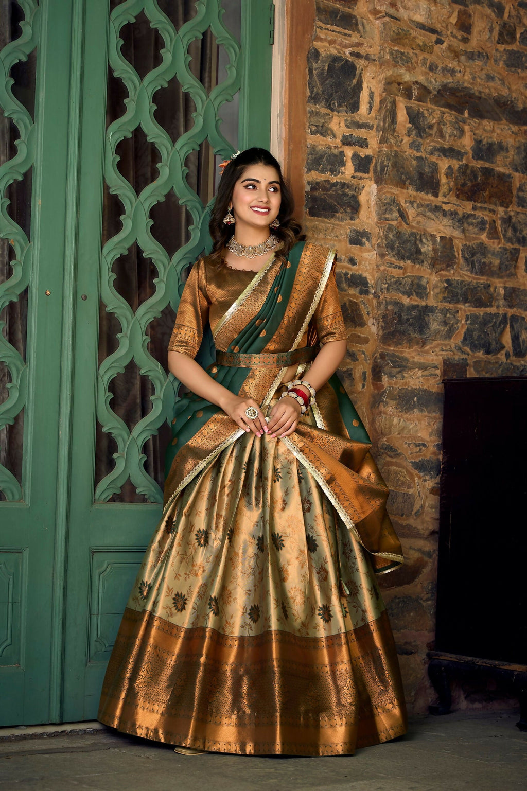 Vastranavya Traditional Jacquard Silk Zari Weaving Silk Lehenga Choli - Green