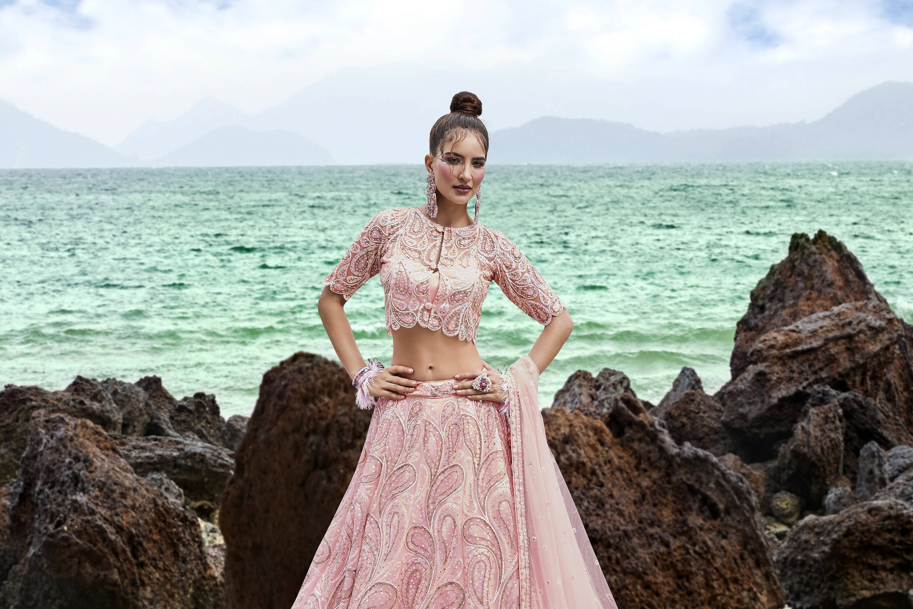 House of Panchhi Coral Net Multi Sequins with heavy Zarkan embroidery Lehenga choli & Dupatta