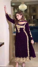 Joban Fashion Purple Velvet Sequence Embroidery Work Kurta Set - Distacart