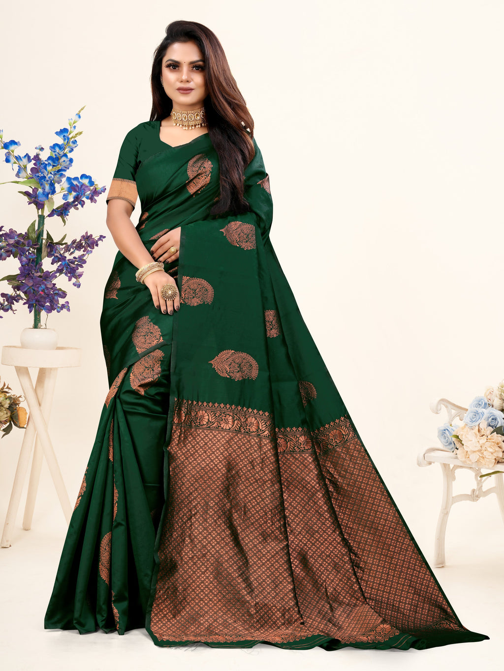 Vedant Vastram Litchi Silk Designer Banarasi Saree - Bottle Green