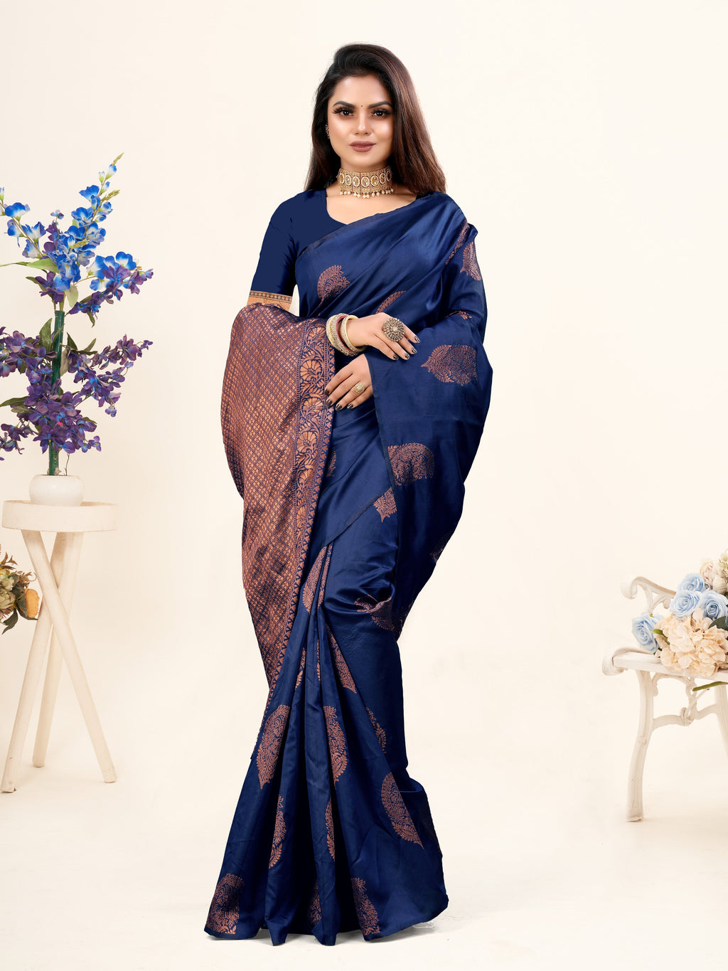Vedant Vastram Litchi Silk Designer Banarasi Saree - Navy - Distacart