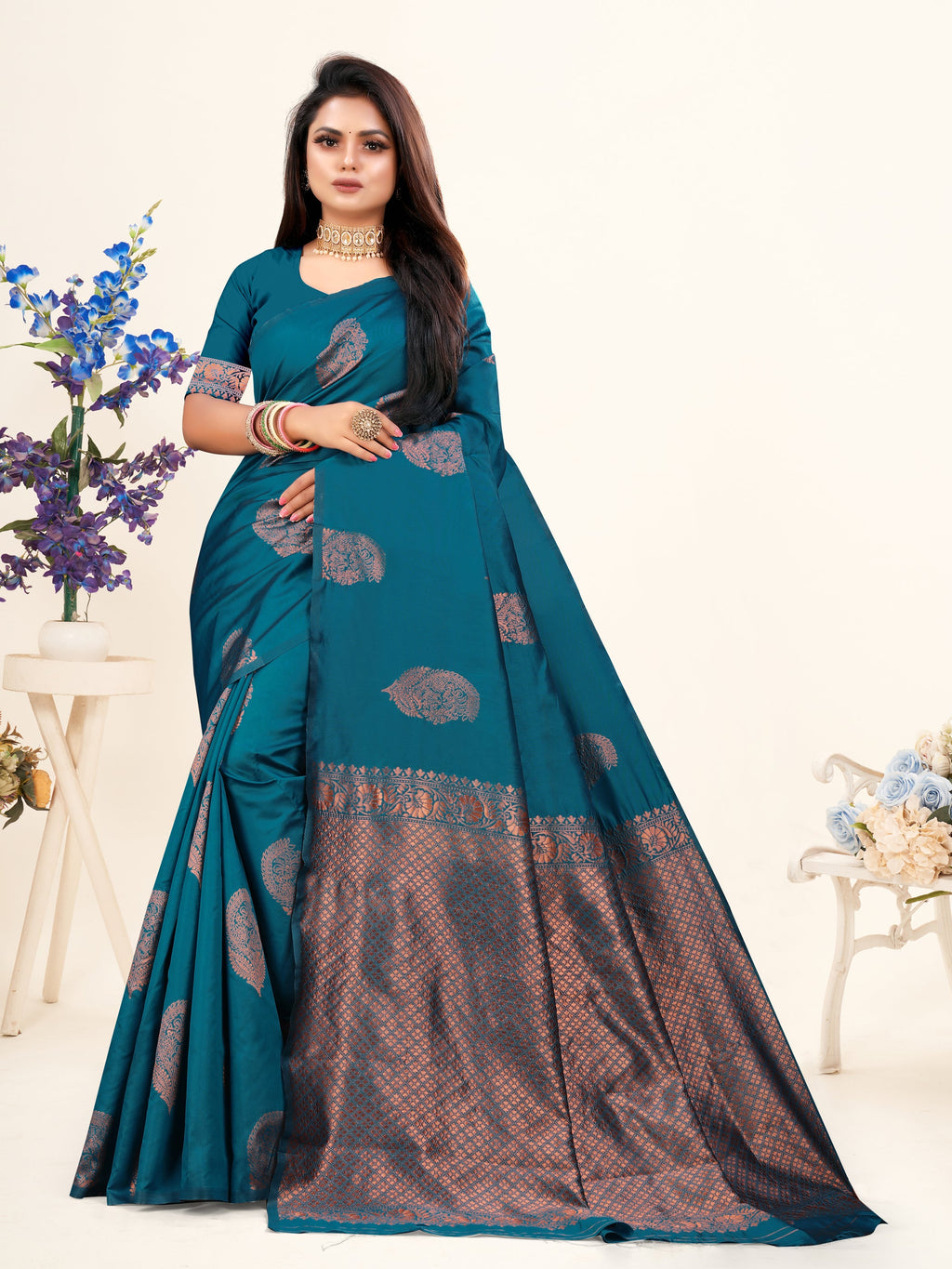 Vedant Vastram Litchi Silk Designer Banarasi Saree - Rama