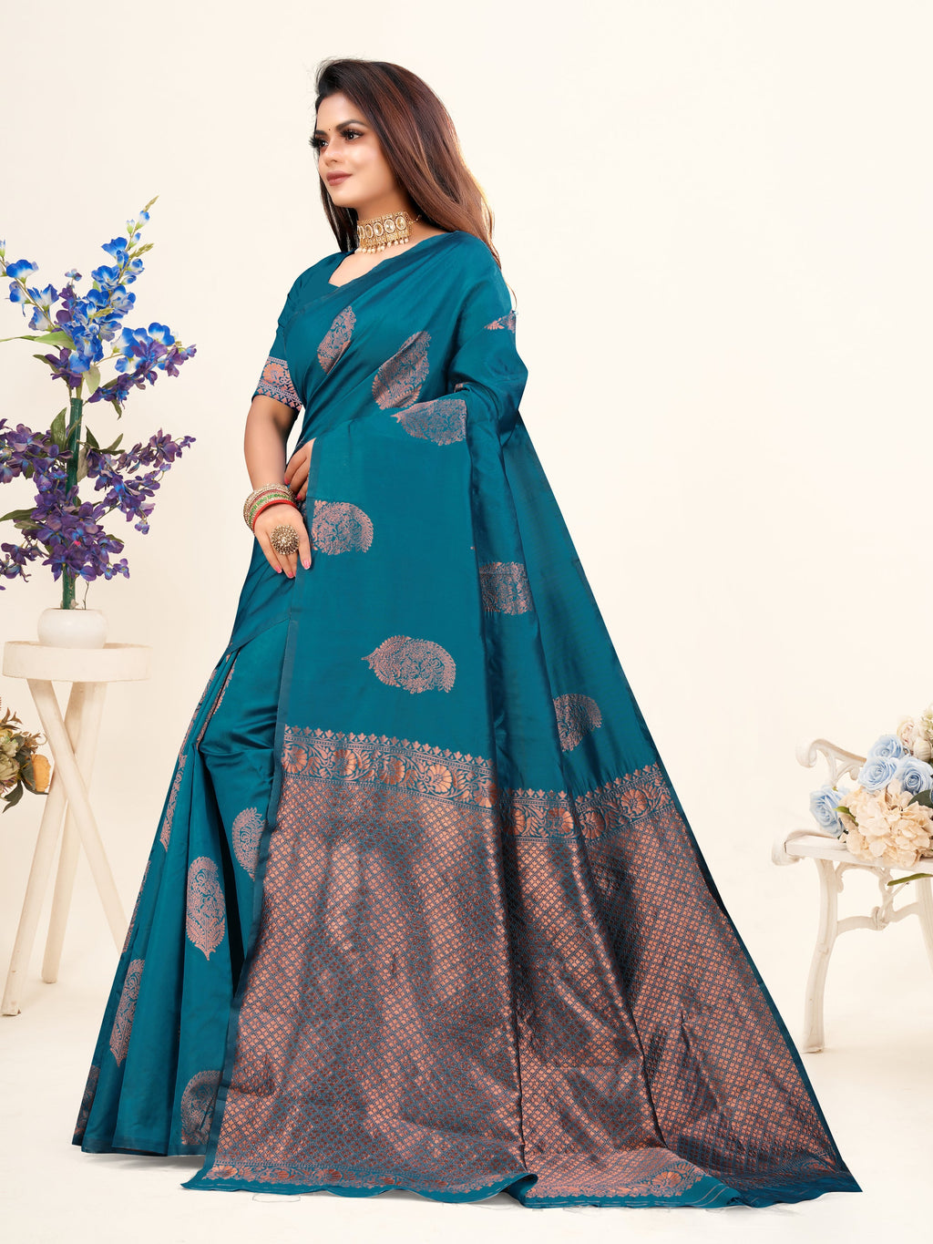 Vedant Vastram Litchi Silk Designer Banarasi Saree - Rama
