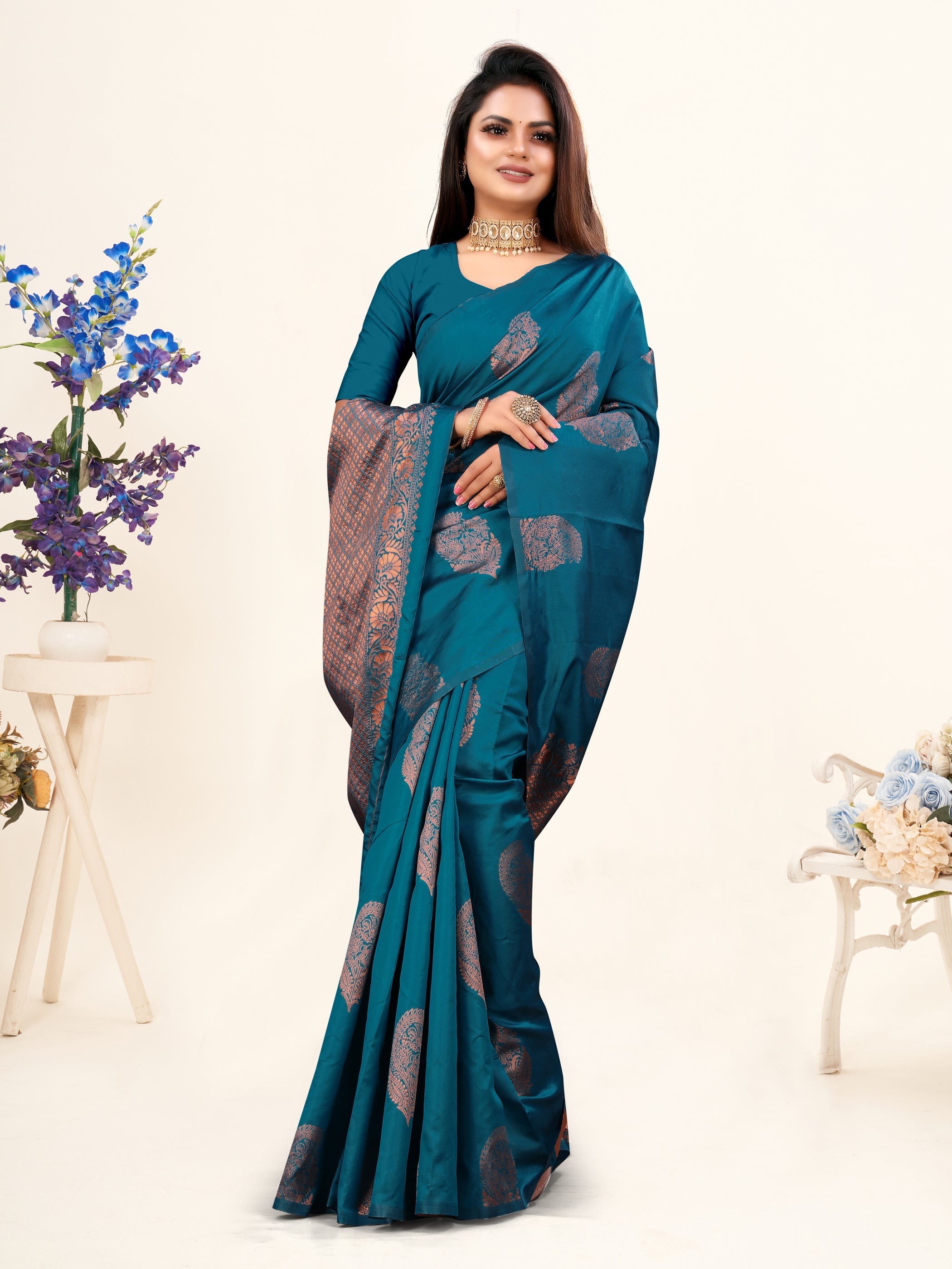 Vedant Vastram Litchi Silk Designer Banarasi Saree - Rama