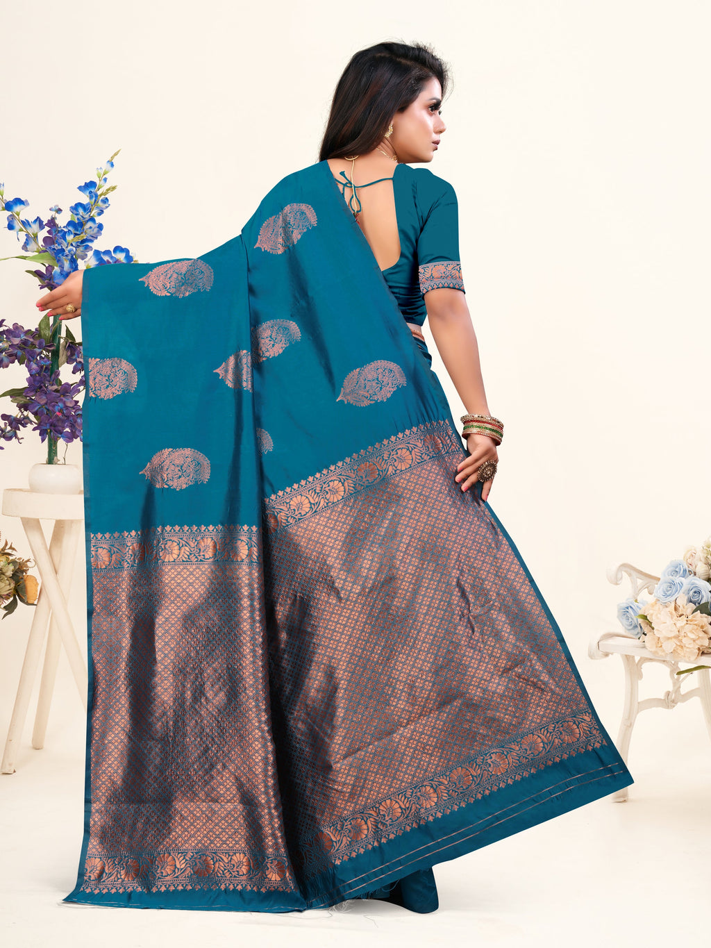 Vedant Vastram Litchi Silk Designer Banarasi Saree - Rama