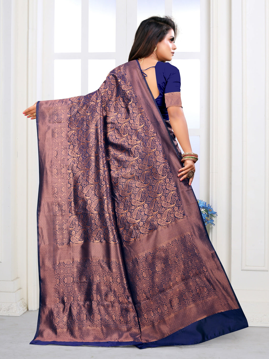 Vedant Vastram Litchi Silk Designer Banarasi Saree - Navy - Distacart