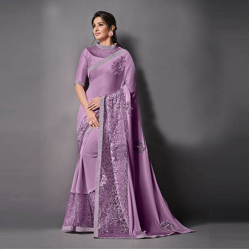 Purple Lycra Raw Silk Sequins Embroidery, Applique Work Saree - Norita Eileen