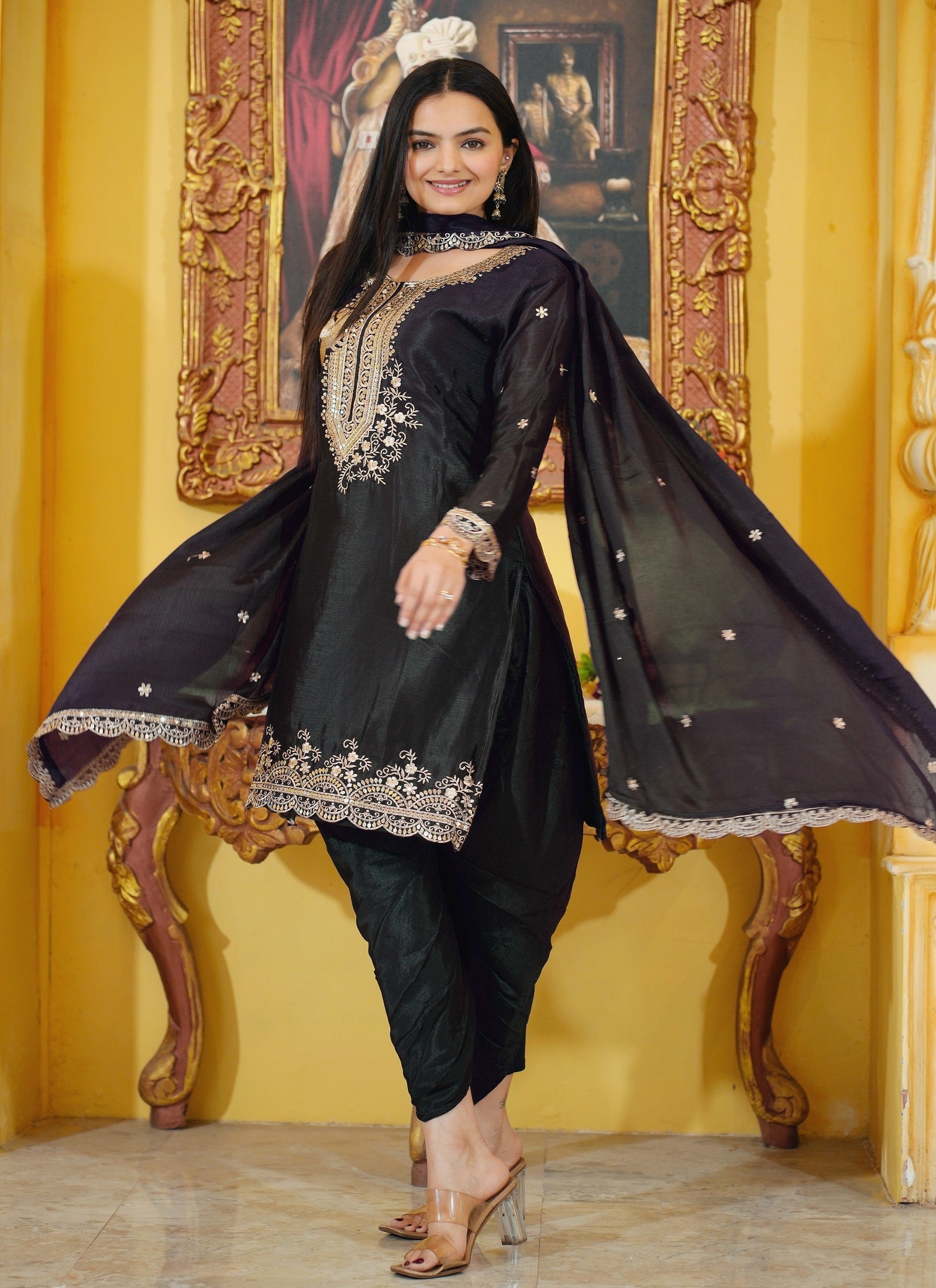 Lehenga Mart Designer Chinon Dhoti Suit With Sequence Embroidered Work - Black