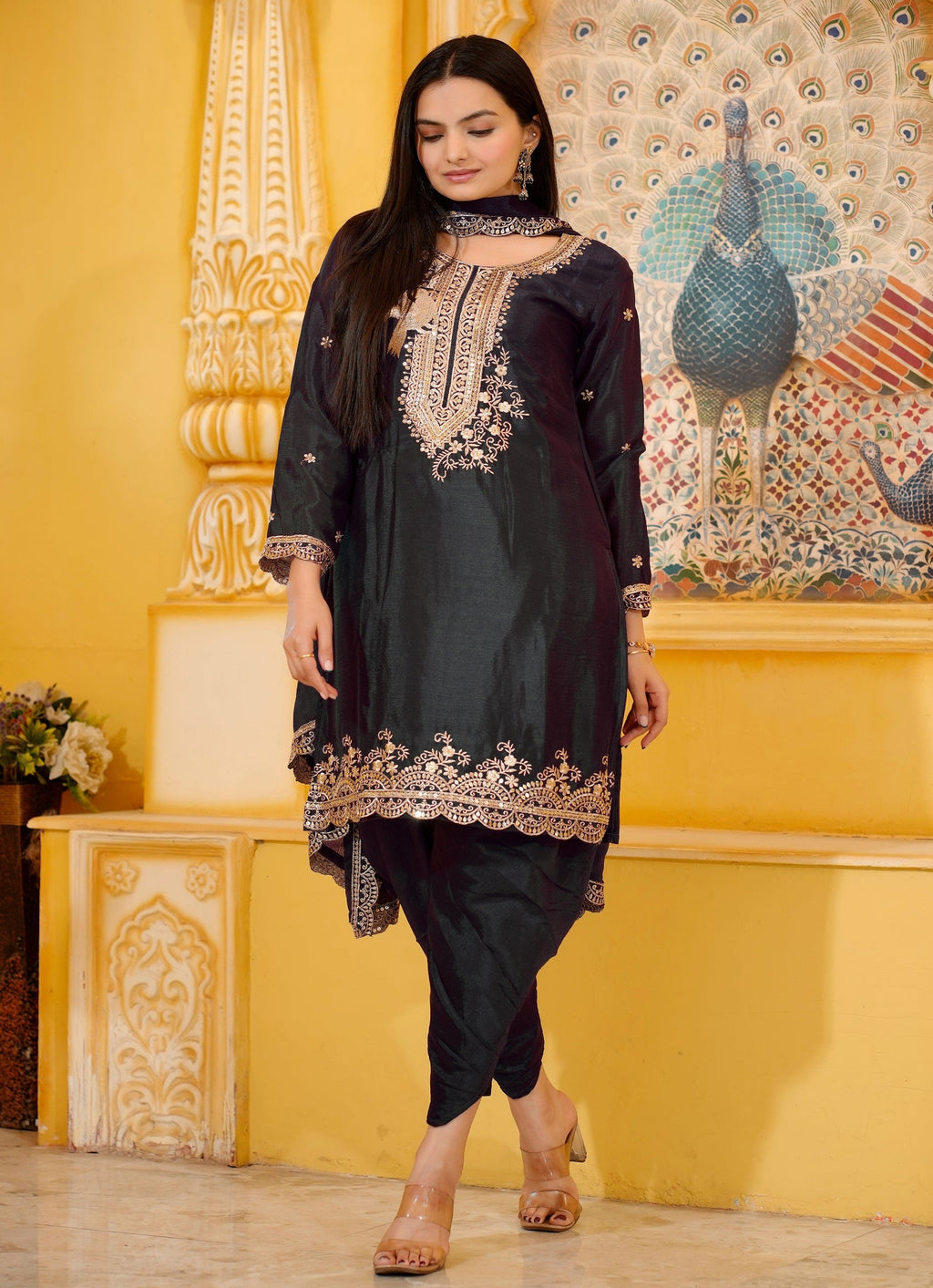 Lehenga Mart Designer Chinon Dhoti Suit With Sequence Embroidered Work - Black