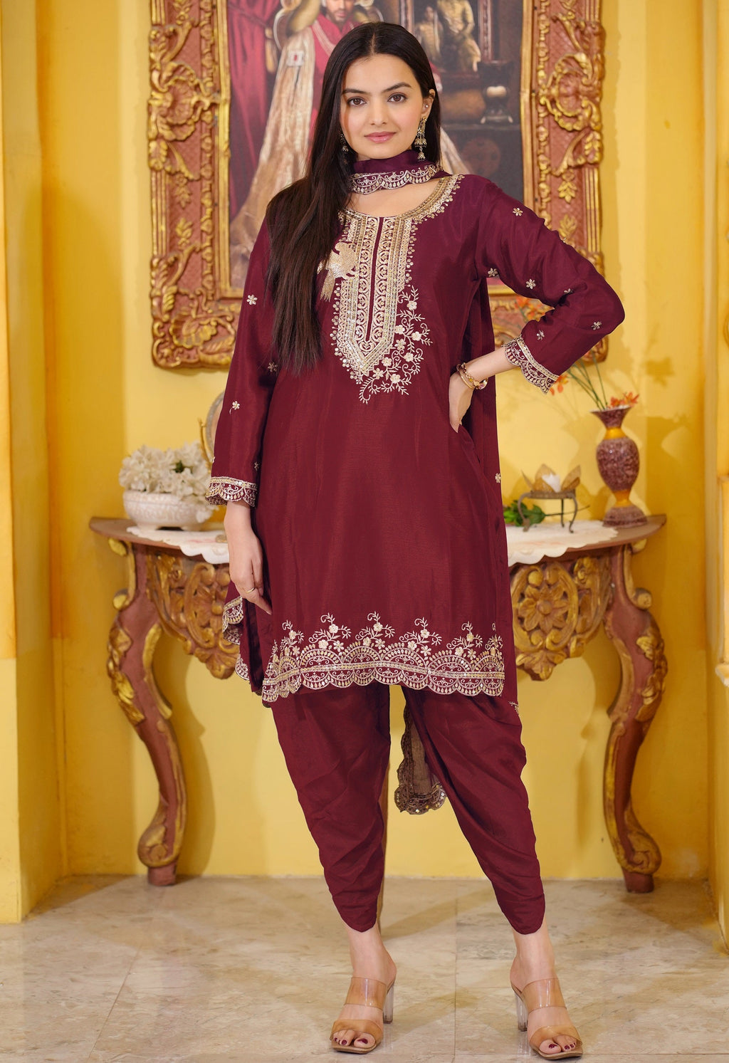 Lehenga Mart Designer Chinon Dhoti Suit With Sequence Embroidered Work - Maroon