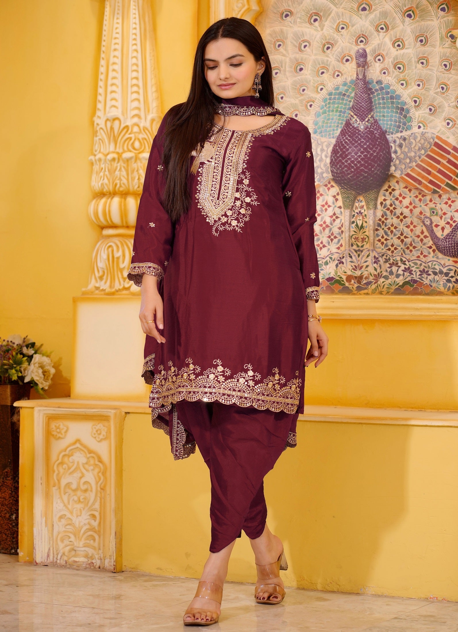 Lehenga Mart Designer Chinon Dhoti Suit With Sequence Embroidered Work - Maroon