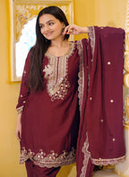 Lehenga Mart Designer Chinon Dhoti Suit With Sequence Embroidered Work - Maroon