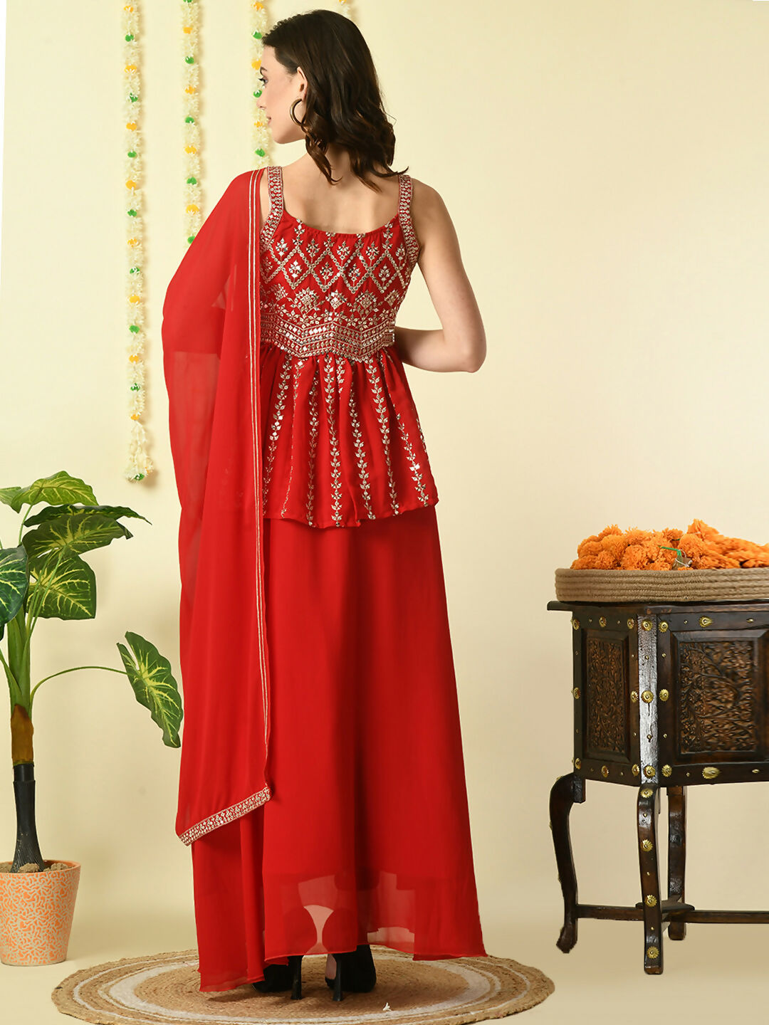 Myshka Women's Red Georgette Top & Skirt With Dupatta Party Sets
