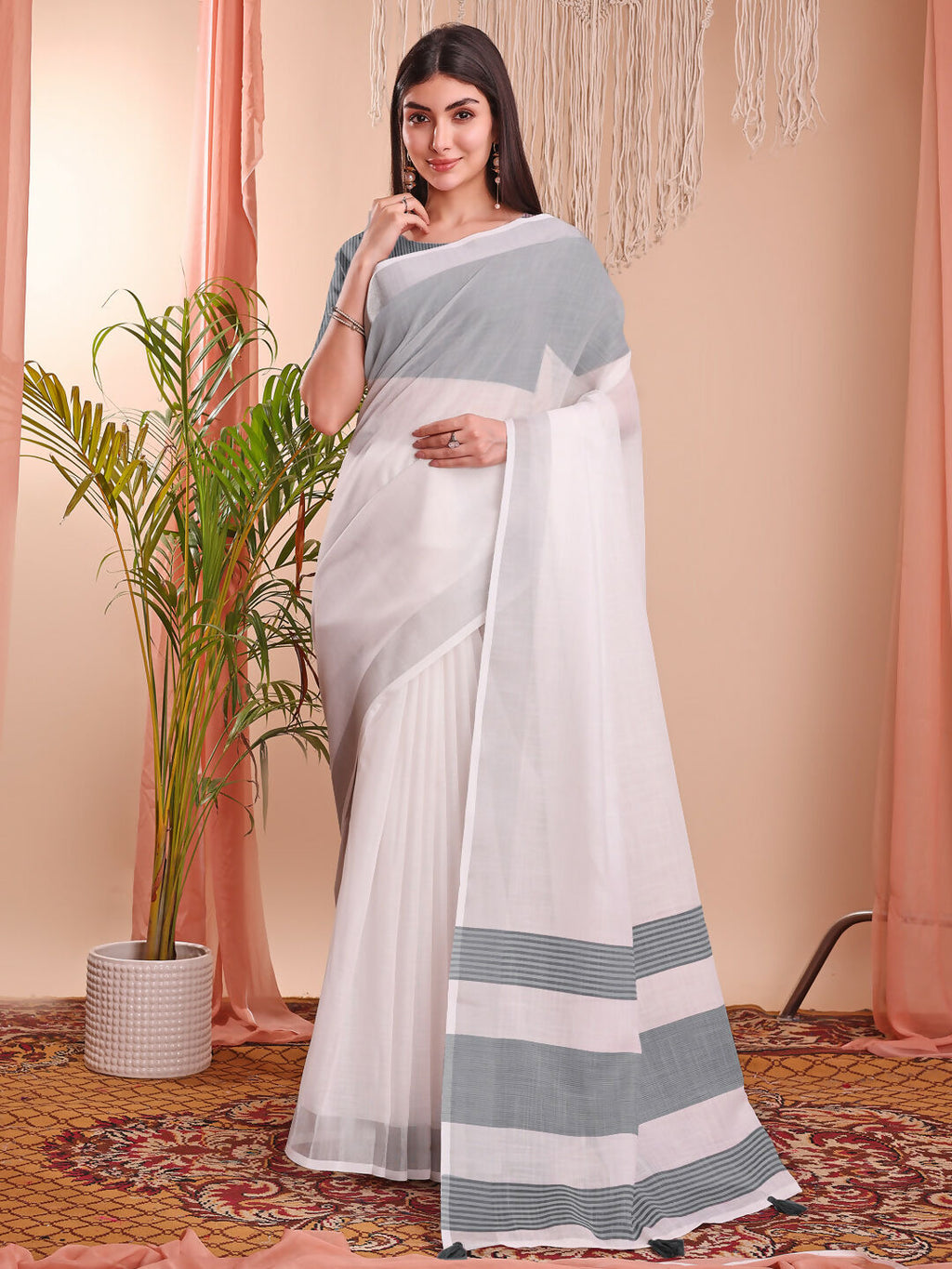 Shree Shyam Fashion The White Loom White Linen Cotton Saree