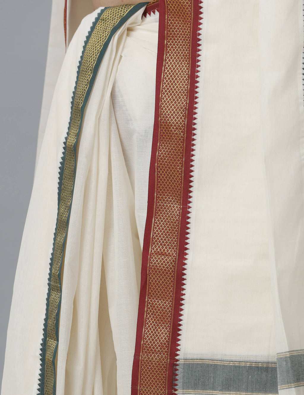 Indian Clothing Ramraj Cotton Mens Pure Cotton 5 Khan Jari 9 + 5 Kora Panchakacham Dhoti With Angavastram Set