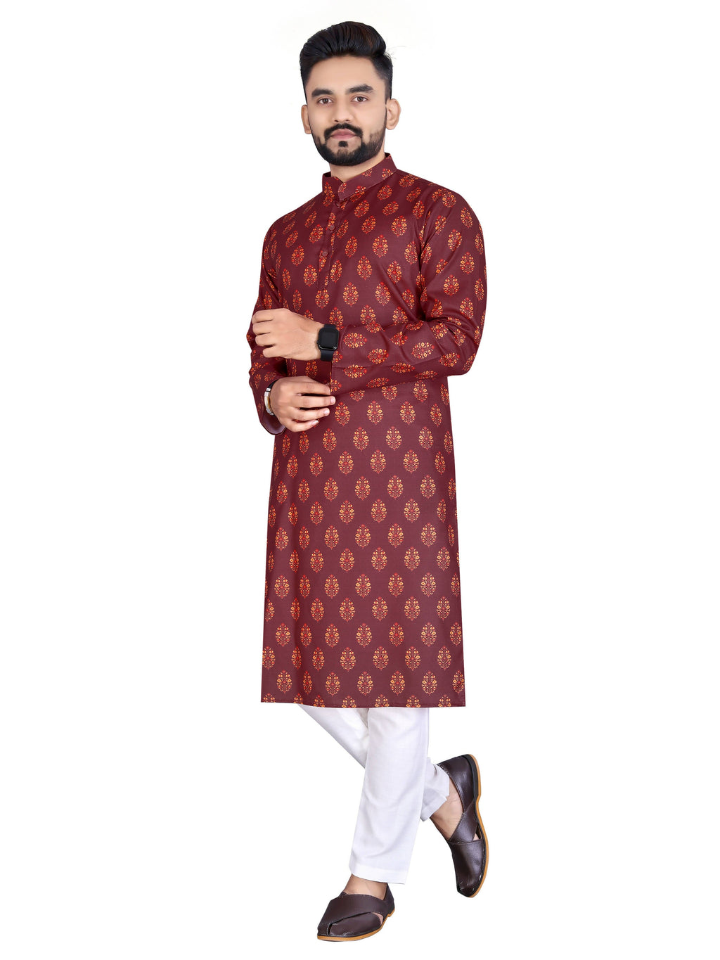 Mens Red Cotton Printed Kurta - Mahotsav