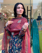 The52 Women's Beautiful Cotton Fabric Printed Work Flared Kurta Palazzo and Dupatta Set - Distacart