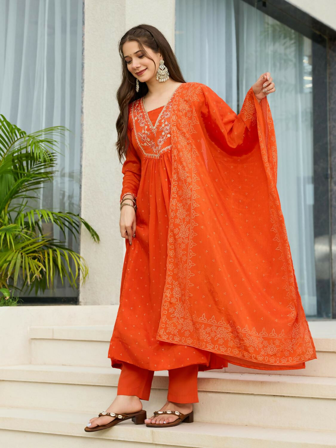 The52 Orange Women's Gorgeous Embroidered Chinon Fabric Flared Kurta Pant and Dupatta Set - Distacart