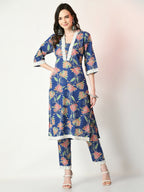 Myshka Women's Blue Printed Kurta With Trousers