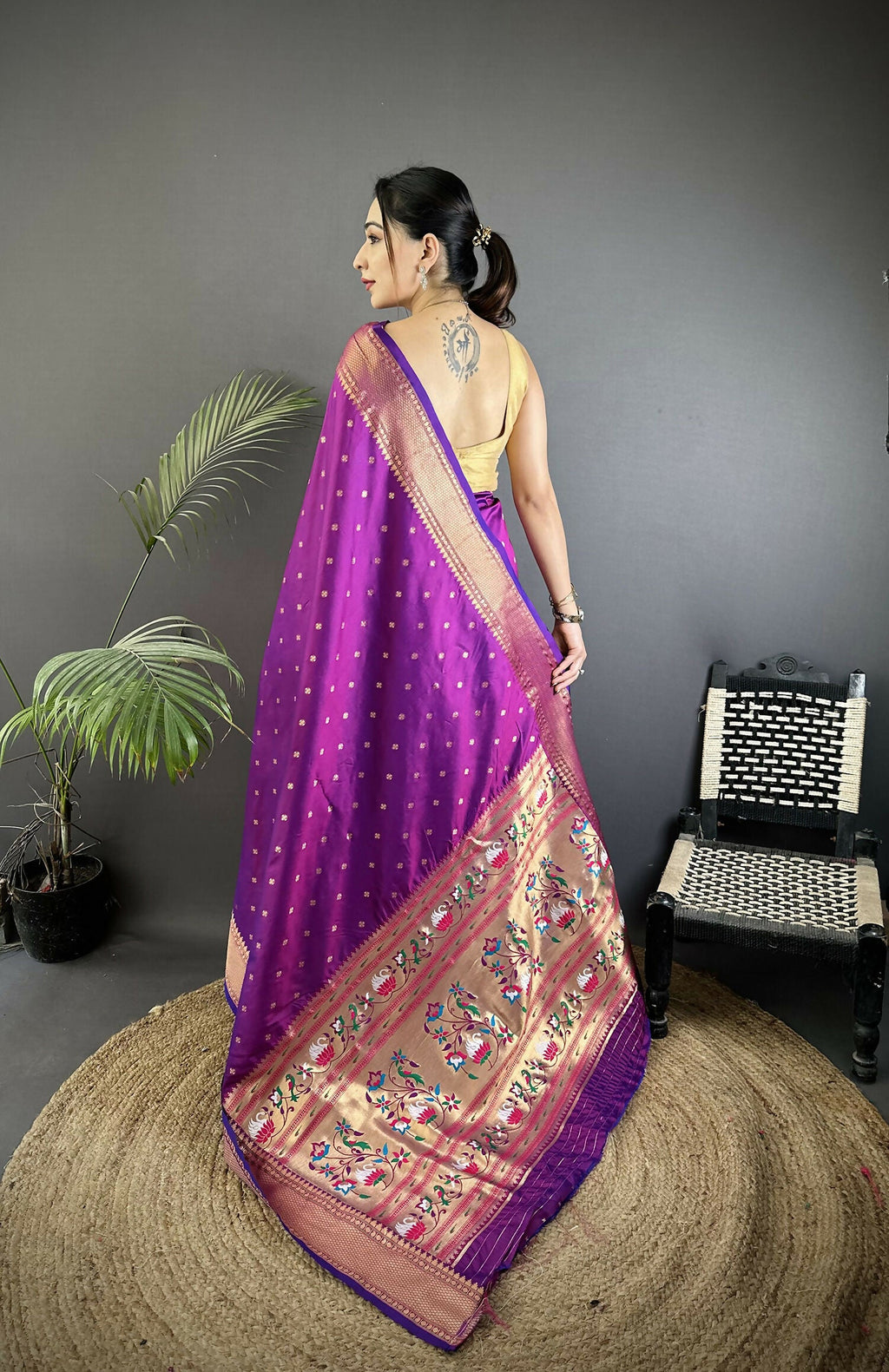 Joban Fashion Purple Butti Woven Soft Lichi Silk Paithani Saree - Distacart
