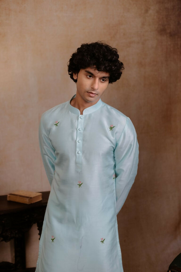 Falling Raw Silk Sea Green Vrindavan Lotus Kurta By Hilo Design