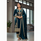 Joban Fashion Teal Velvet Embroidery Sequence Work Readymade Kurta Set - Distacart