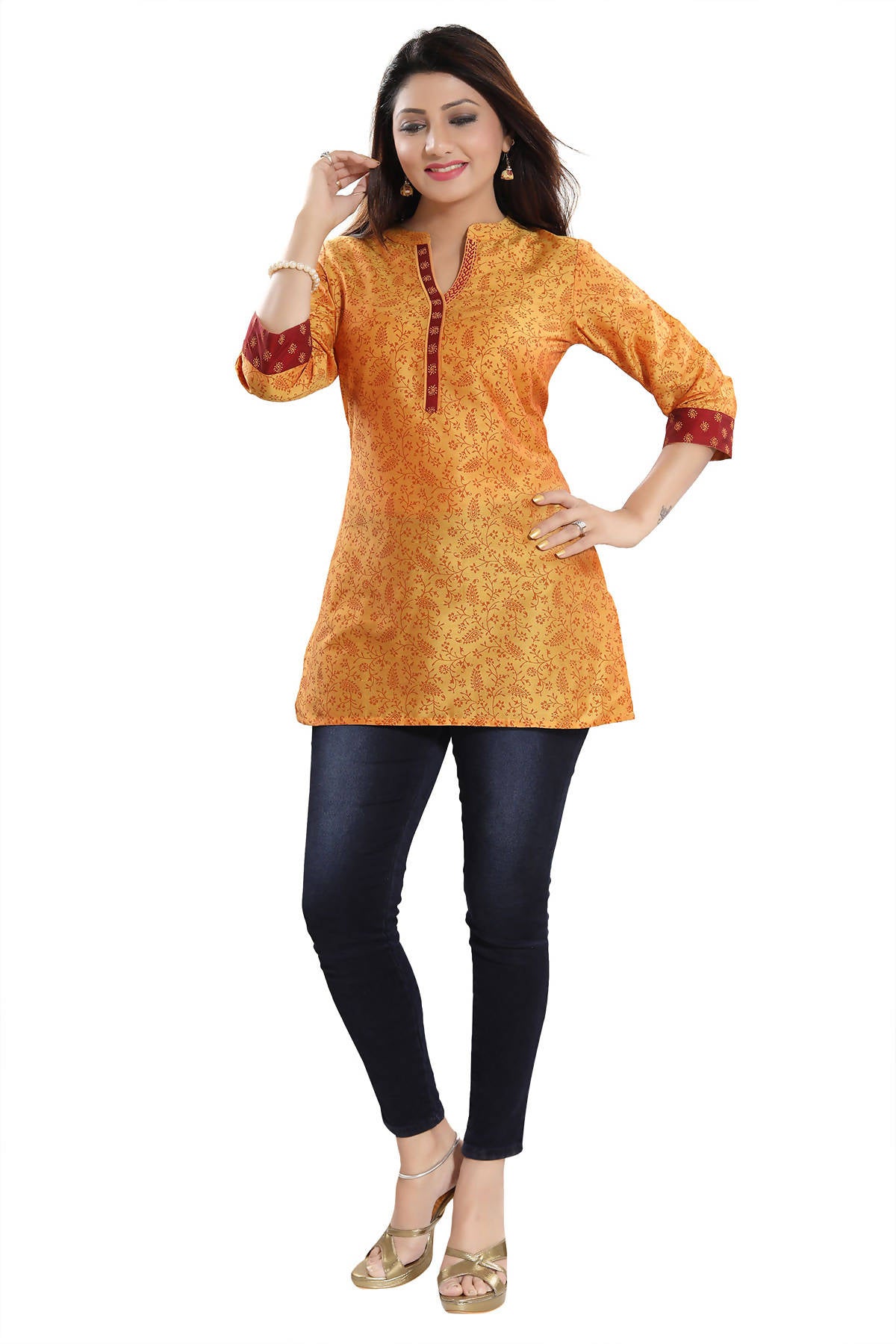 Snehal Creations Luxurious Fine Fire Gold Cotton Silk Short Tunic - Distacart