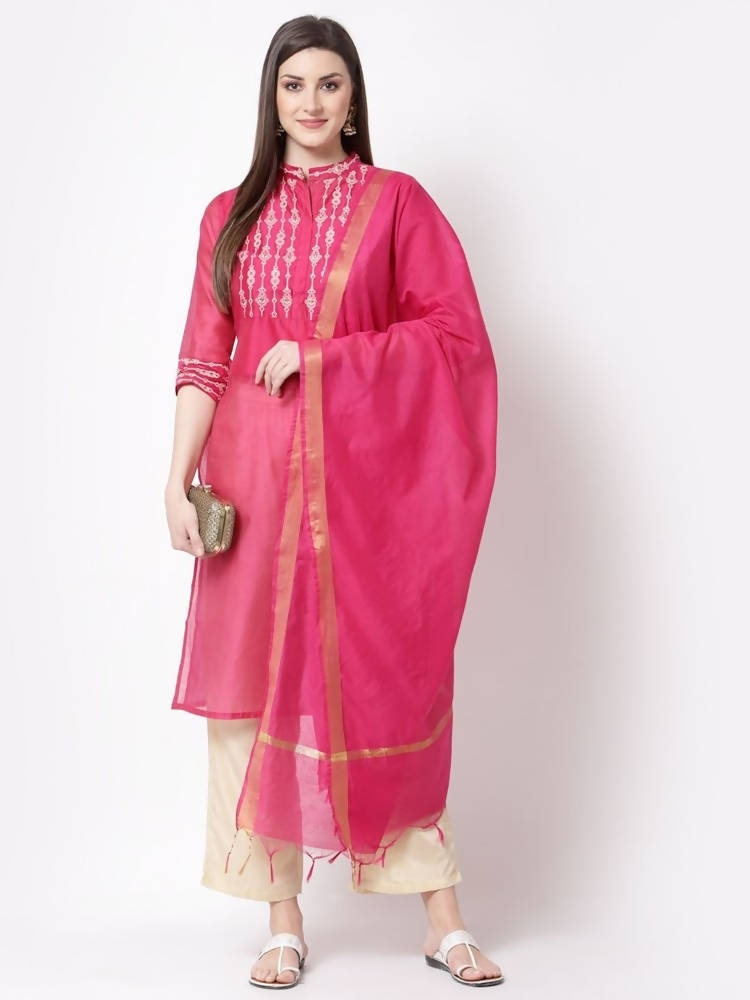 Myshka Pink Color Chanderi silk Printed Kurta With Pant Dupatta Set