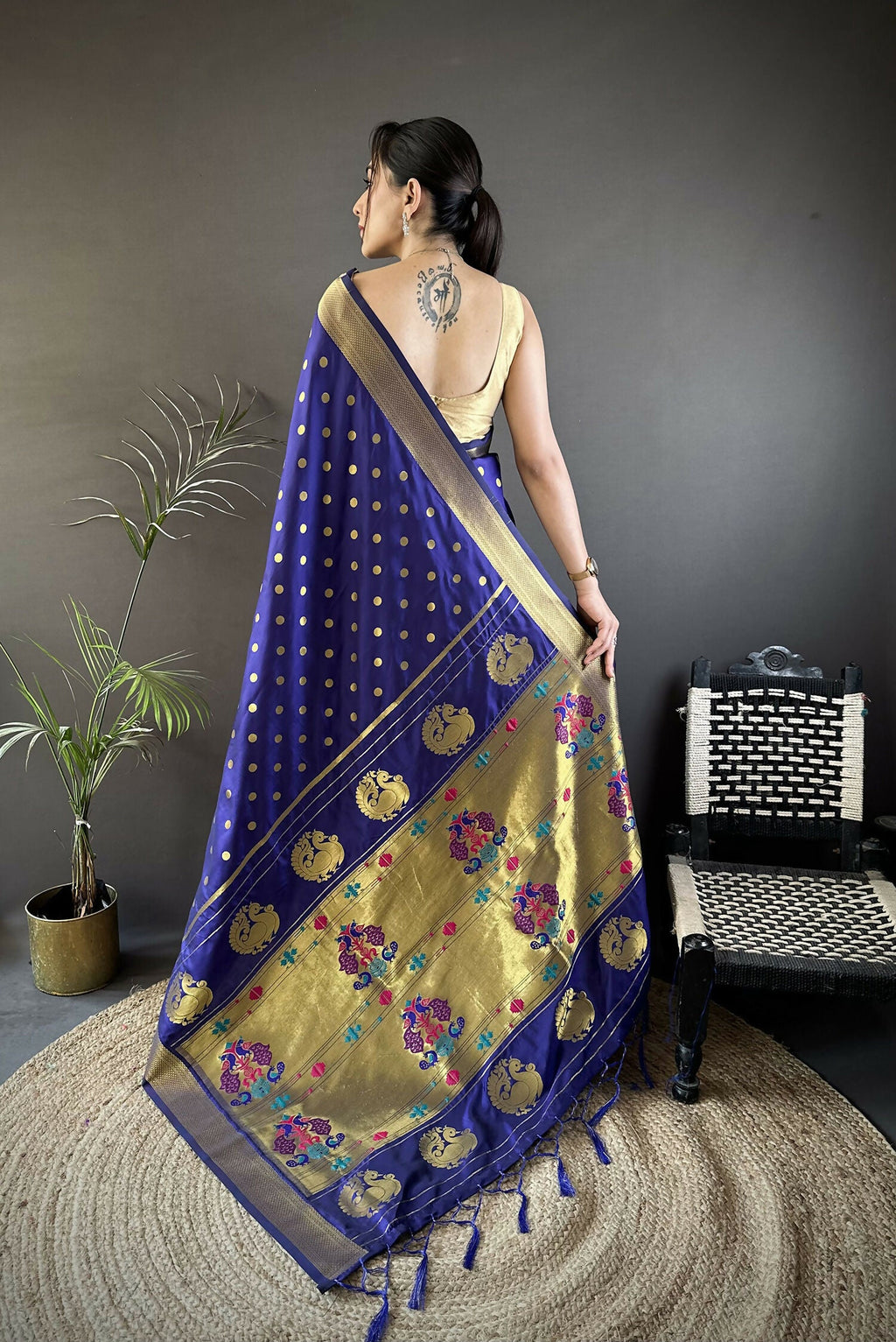 Joban Fashion Royal Blue Polka Dot Lichi Silk Paithani Silk Saree - Distacart