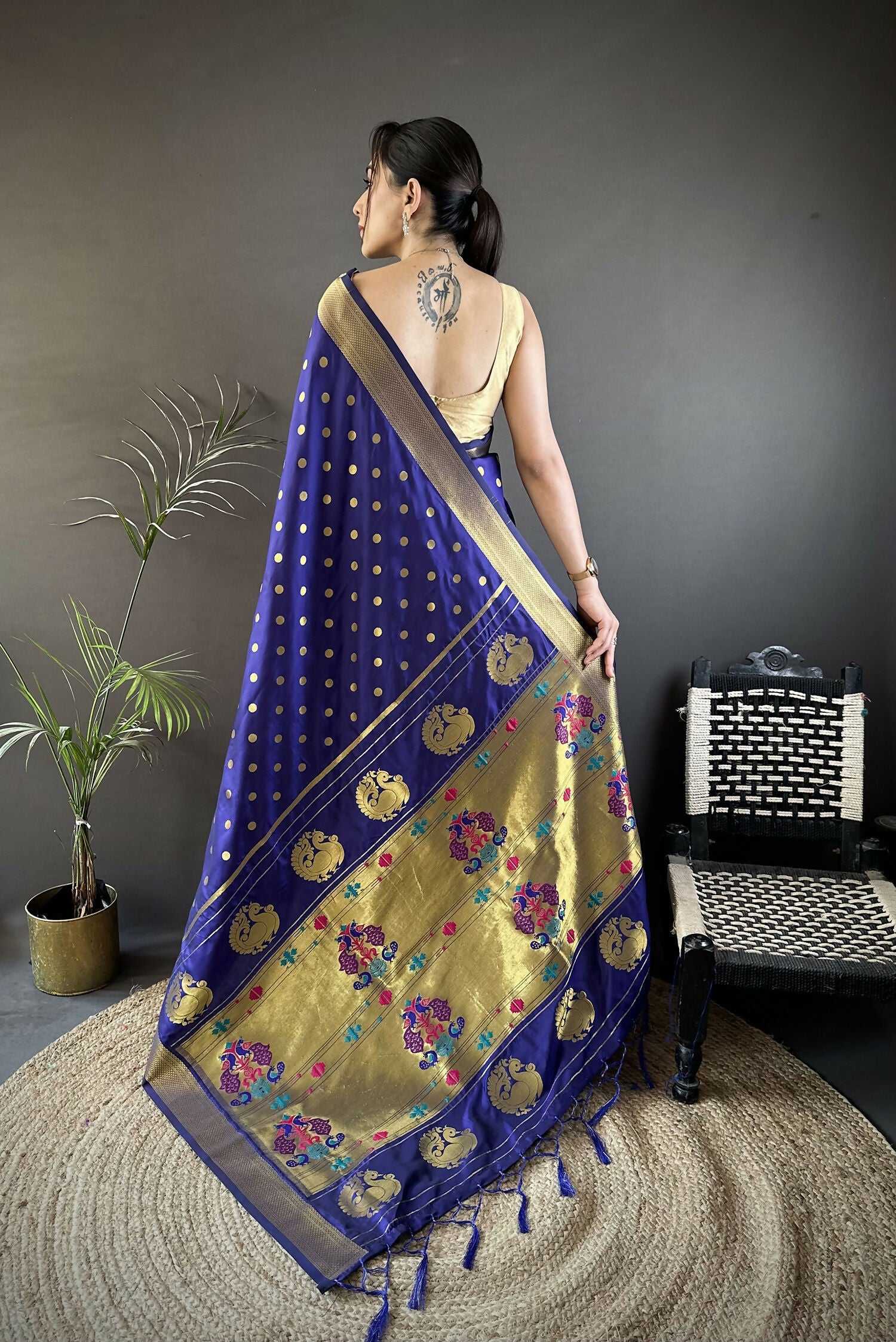 Joban Fashion Royal Blue Polka Dot Lichi Silk Paithani Silk Saree - Distacart