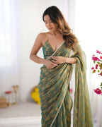 NC Chiffon Chex Wevon Chex Designer, Lace Party Wear Saree - Green