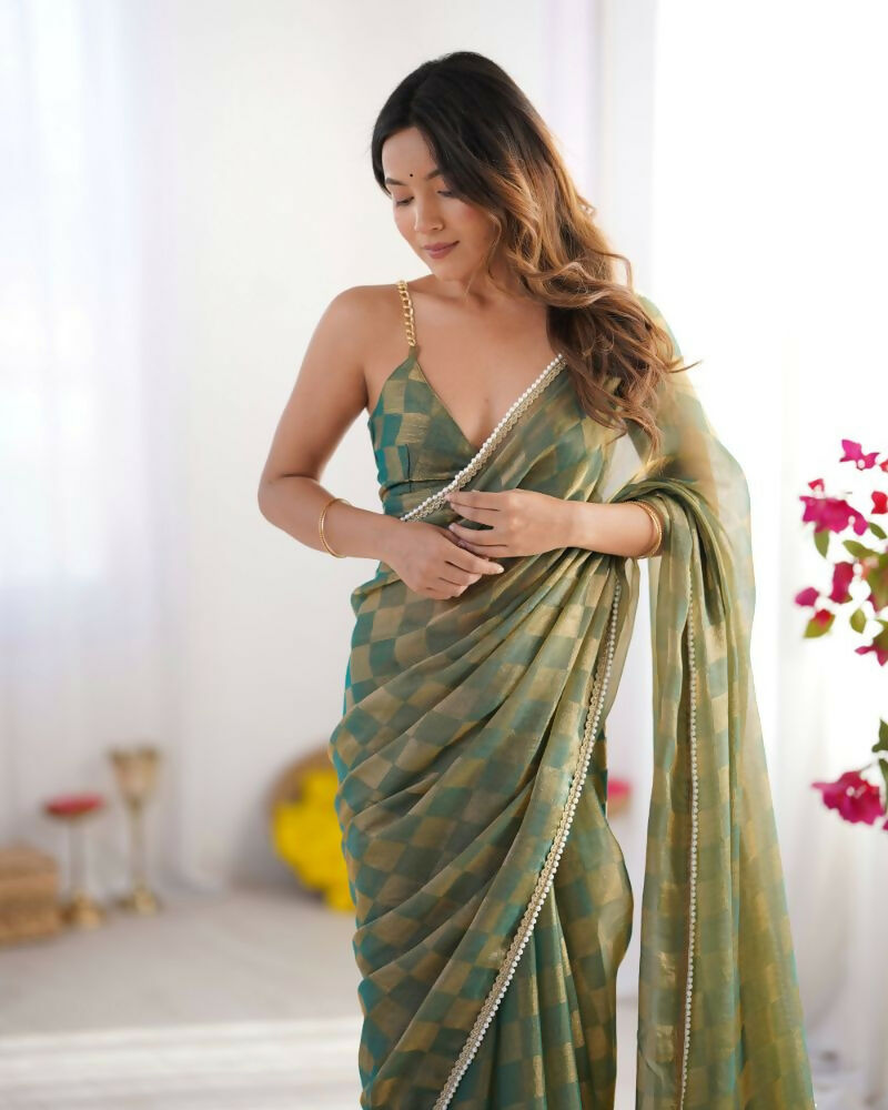 NC Chiffon Chex Wevon Chex Designer, Lace Party Wear Saree - Green