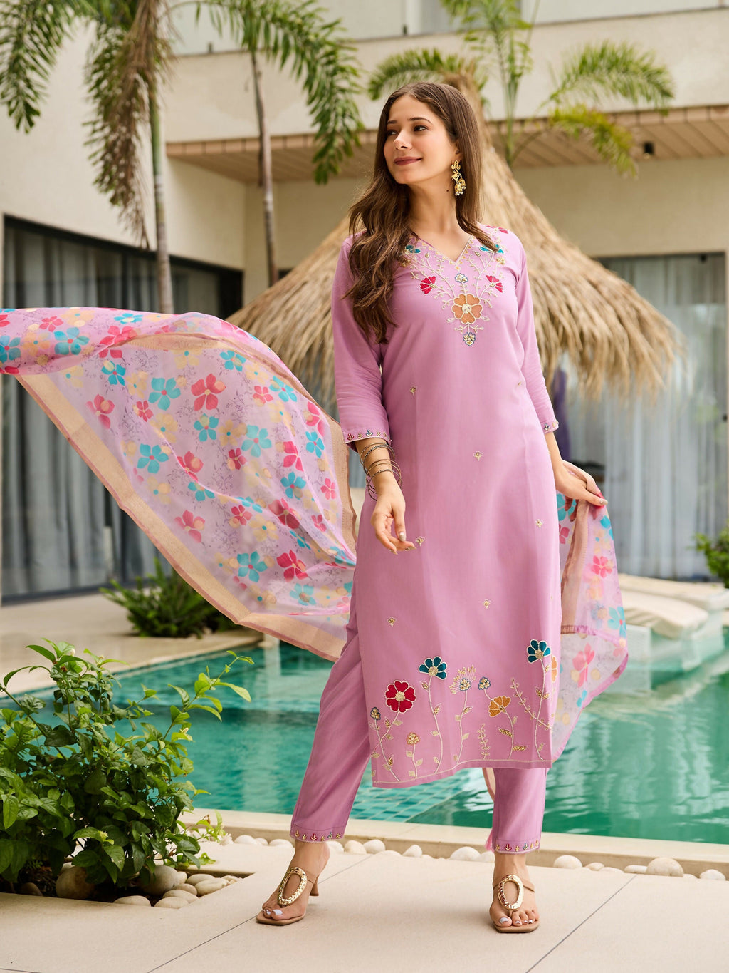 The52 Lavender Women's Gorgeous Embroidered work Viscose Gadhwal Fabric Straight Kurta, Pant and Dupatta Set - Distacart
