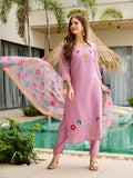 The52 Lavender Women's Gorgeous Embroidered work Viscose Gadhwal Fabric Straight Kurta, Pant and Dupatta Set - Distacart