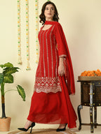 Myshka Women's Red Georgette Kurta & Skirt With Dupatta Party Sets