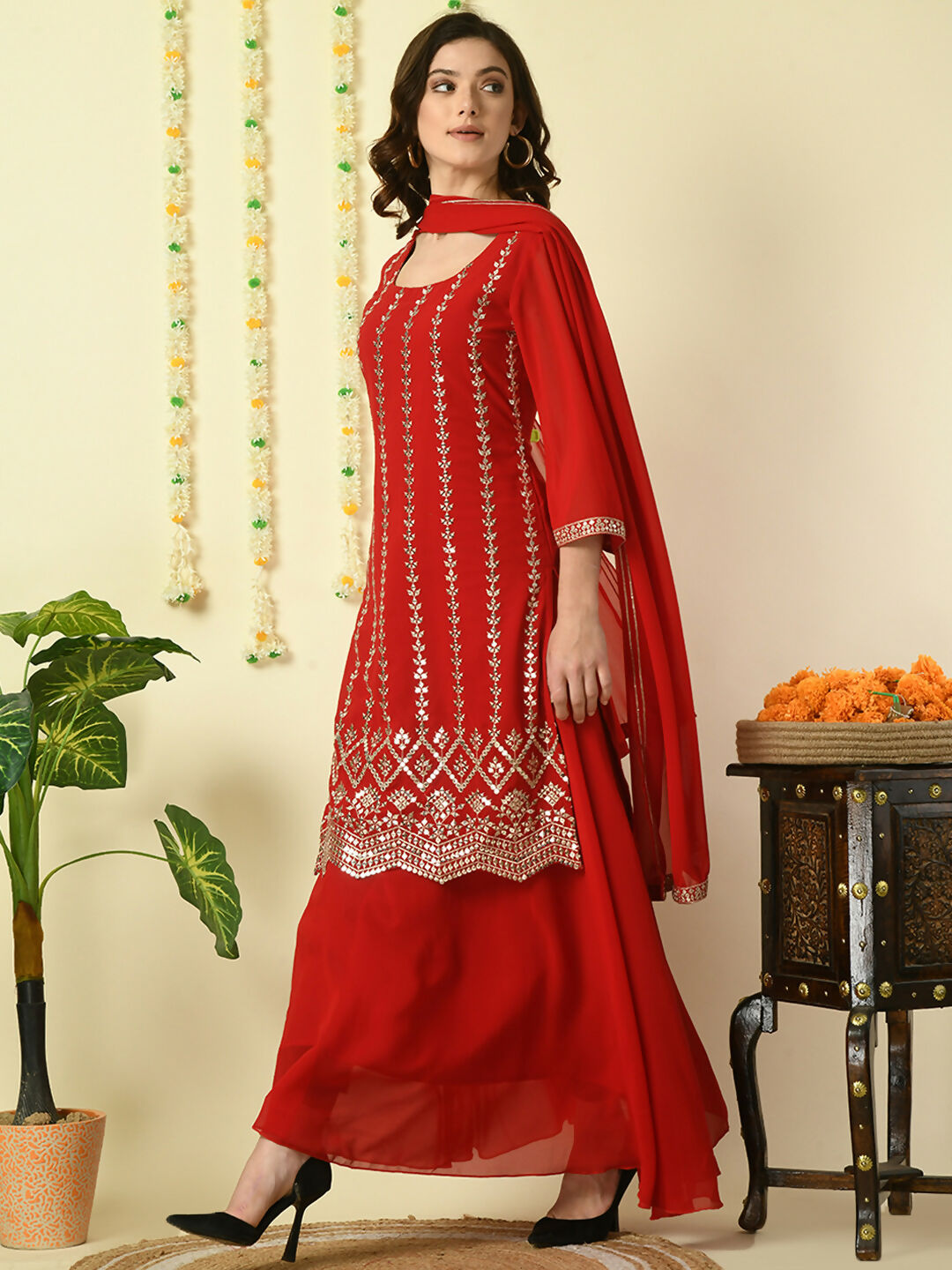 Myshka Women's Red Georgette Kurta & Skirt With Dupatta Party Sets