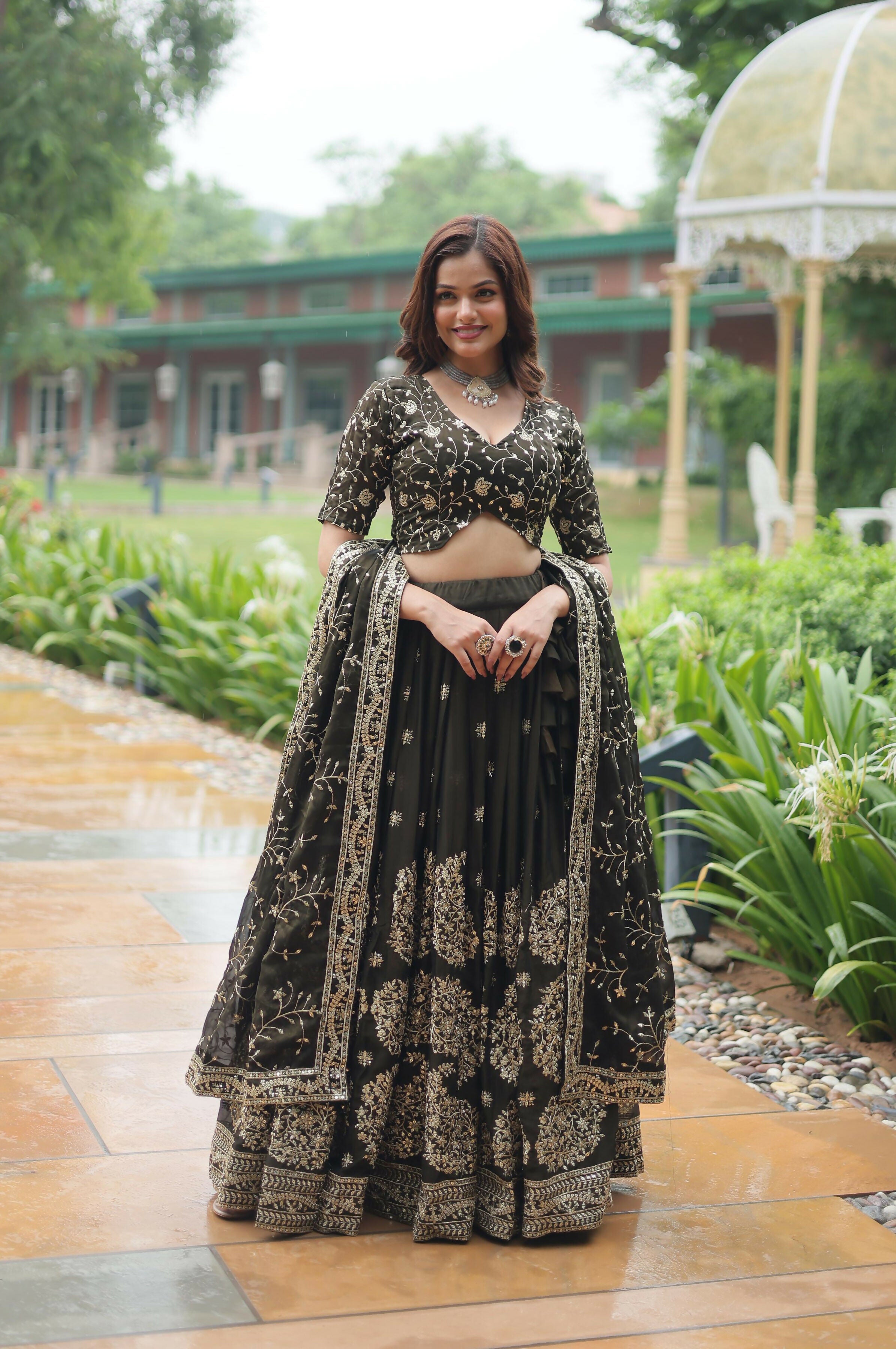 Lorenvalley Mahendi Rangoli Silk Heavy Sequins & Thread Embroidered work Lehenga Choli
