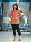 Juniper Women's Orange Ethnic Motif Printed Viscose Tunic With Buttons Detailing