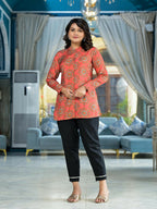 Juniper Women's Orange Ethnic Motif Printed Viscose Tunic With Buttons Detailing