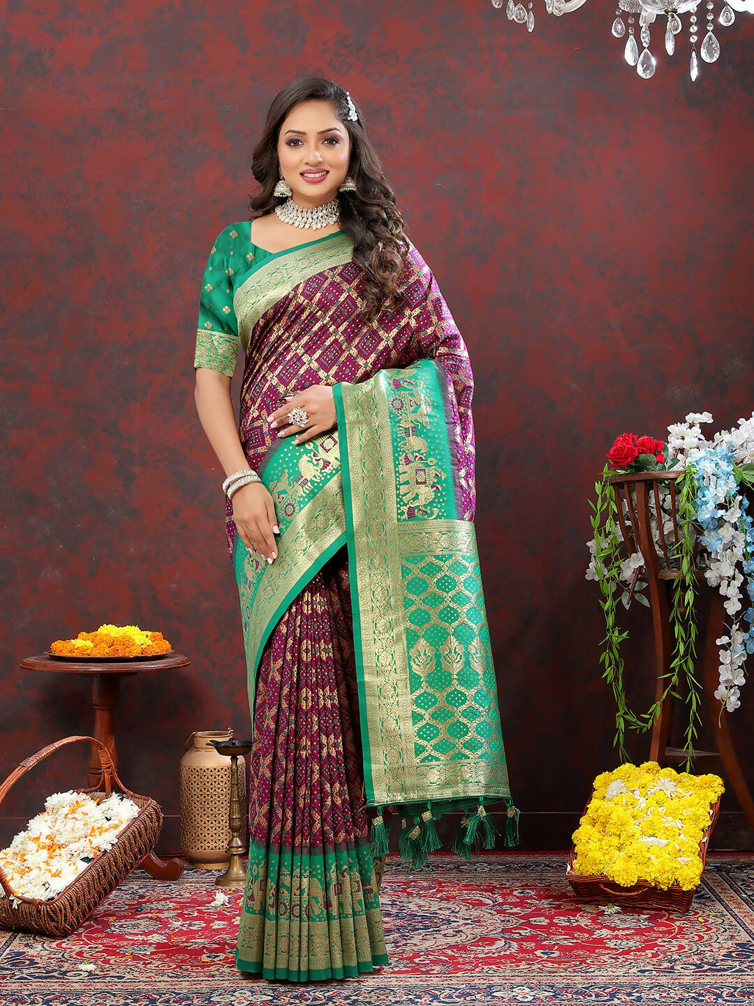 Lorenvalley Fashion Wine & Green Patola Silk Woven Design Meenakari Weaving Saree