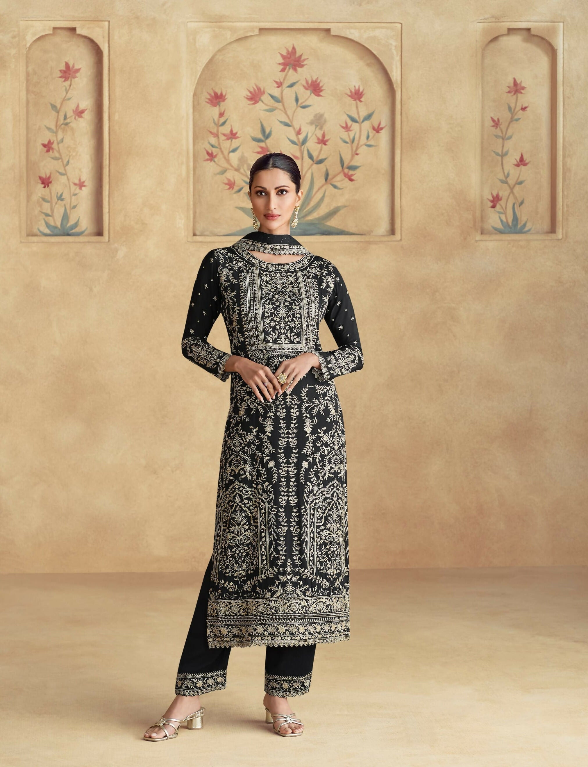 Anaita Black Premium Chinon Embroidered Sequin Work Ready Made Suit - Distacart